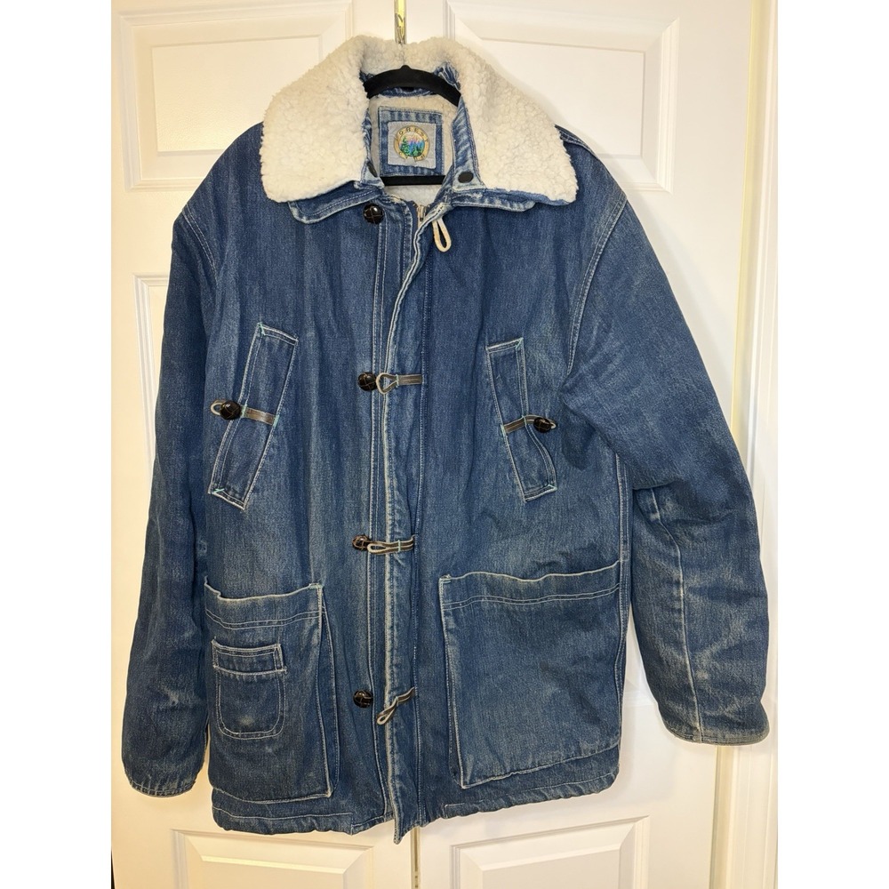 Vintage Forest Club Denim Sherpa Plaid Lined Chore Jacket Men's L Oversized